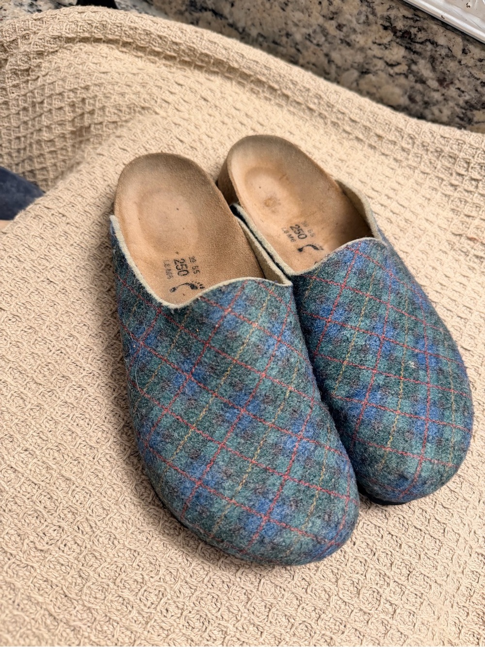 Birkenstock Blue Green Plaid Felt Clogs - Picture 2 of 6